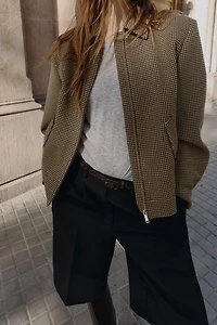 HOUNDSTOOTH BOMBER JACKET WITH SHOULDER PADS