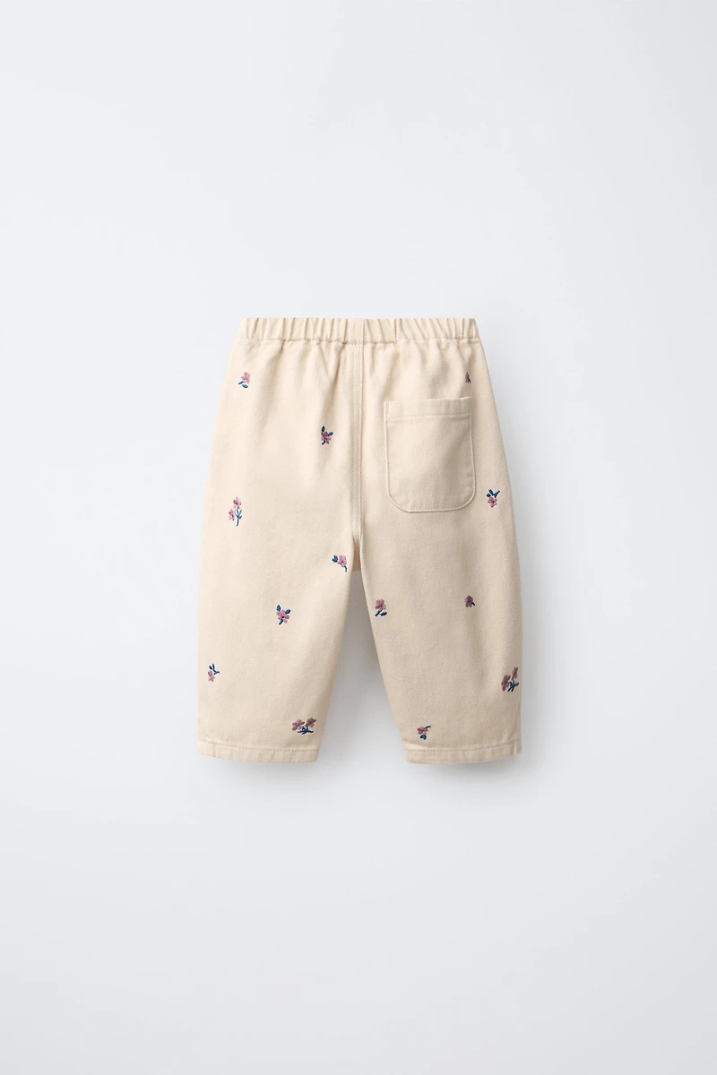 Floral Embroidered Baggy Twill Pants