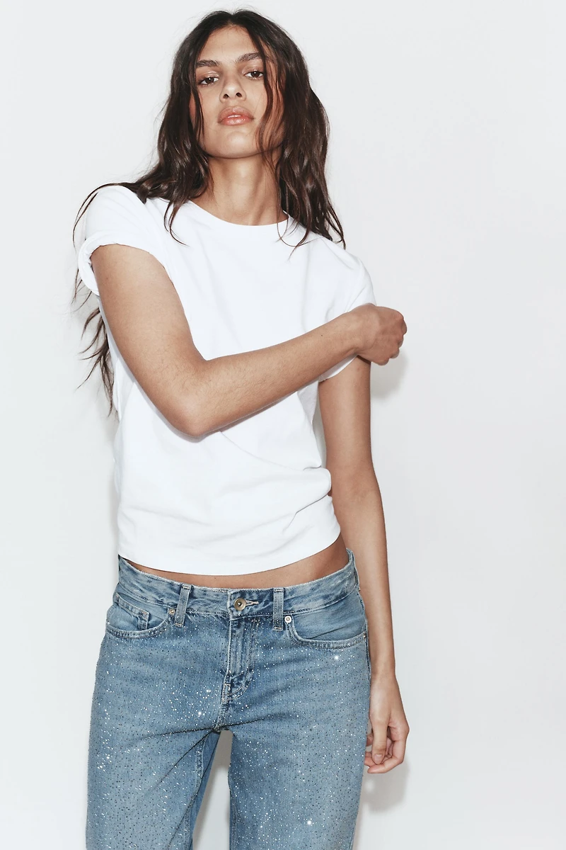 TRF LOW RISE STRAIGHT JEANS WITH RHINESTONES