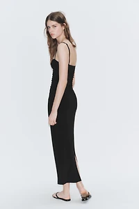 RUCHED STRAPPY MIDI DRESS