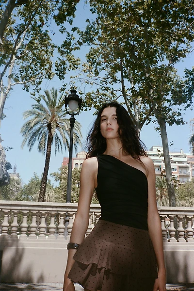 ASYMMETRIC DRAPED TULLE BODYSUIT