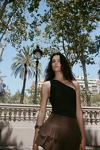 ASYMMETRIC DRAPED TULLE BODYSUIT