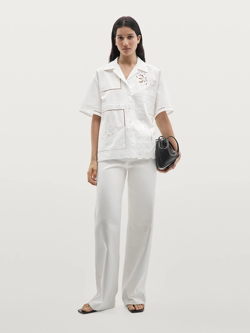 Embroidered short sleeve patchwork shirt