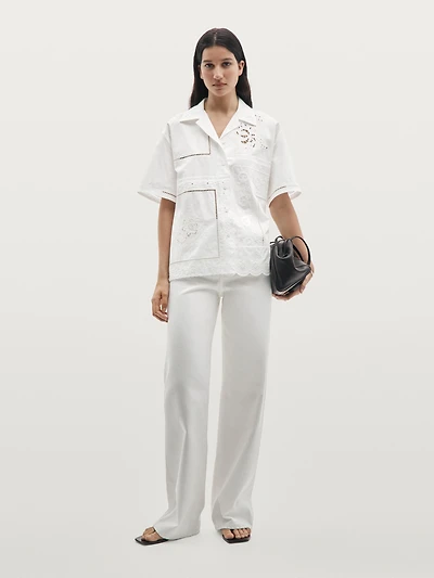 Embroidered short sleeve patchwork shirt