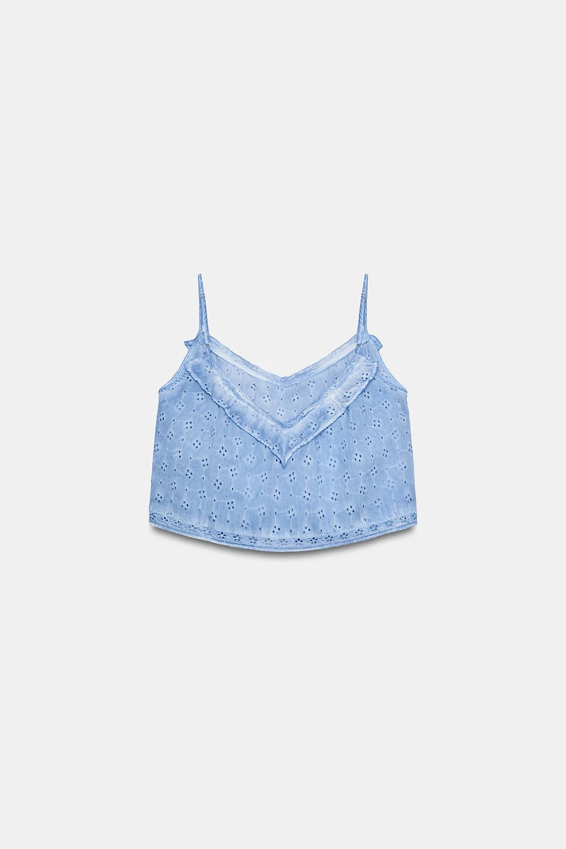 WASHED EFFECT EYELET EMBROIDERED TOP