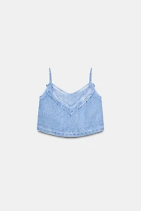 WASHED EFFECT EYELET EMBROIDERED TOP
