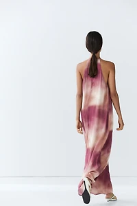Printed tie-dye flowing halter maxi dress