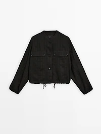 Linen blend check bomber jacket