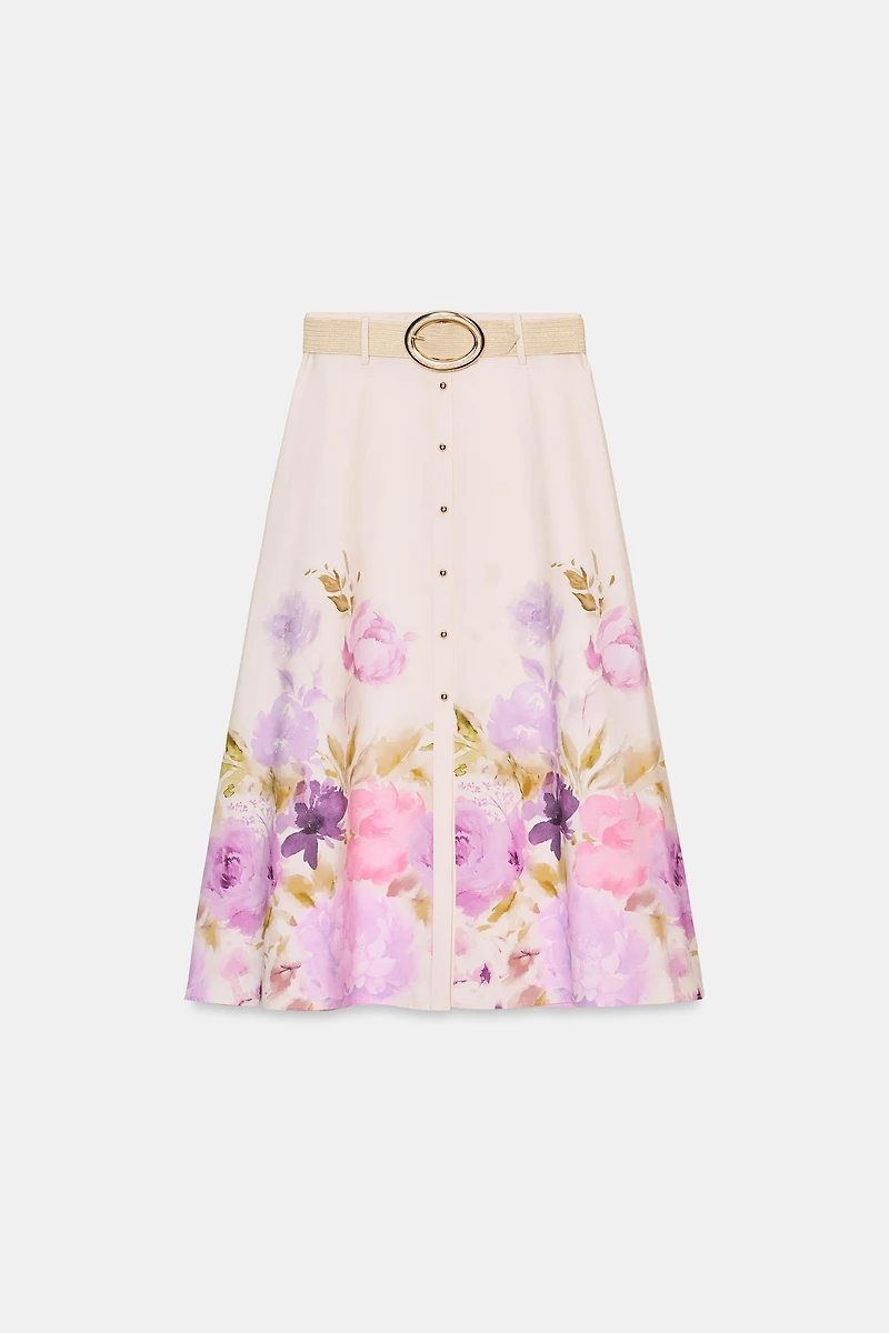 FLORAL PRINT BELTED MIDI SKIRT