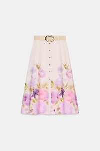 FLORAL PRINT BELTED MIDI SKIRT