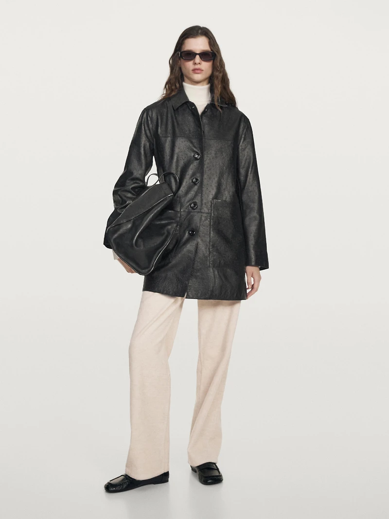 Long textured nappa leather coat