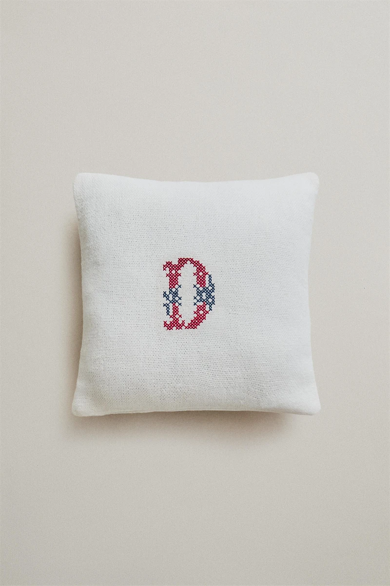 LETTER D EMBROIDERED LINEN CUSHION