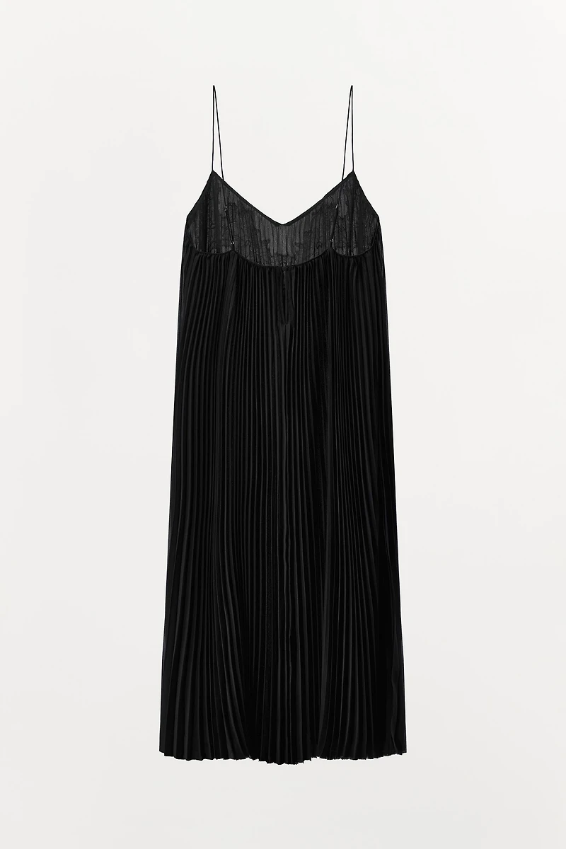 PLEATED DRESS WITH EMBROIDERY AND LACE