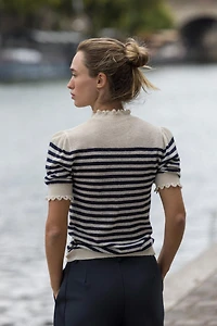RUFFLE TRIM STRIPED KNIT TOP