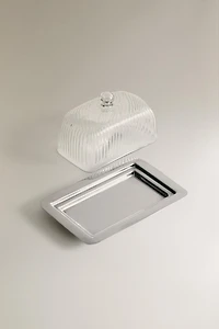 GLASS AND STAINLESS STEEL BUTTER DISH