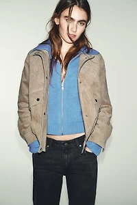 100% SUEDE LEATHER HIGH COLLAR JACKET
