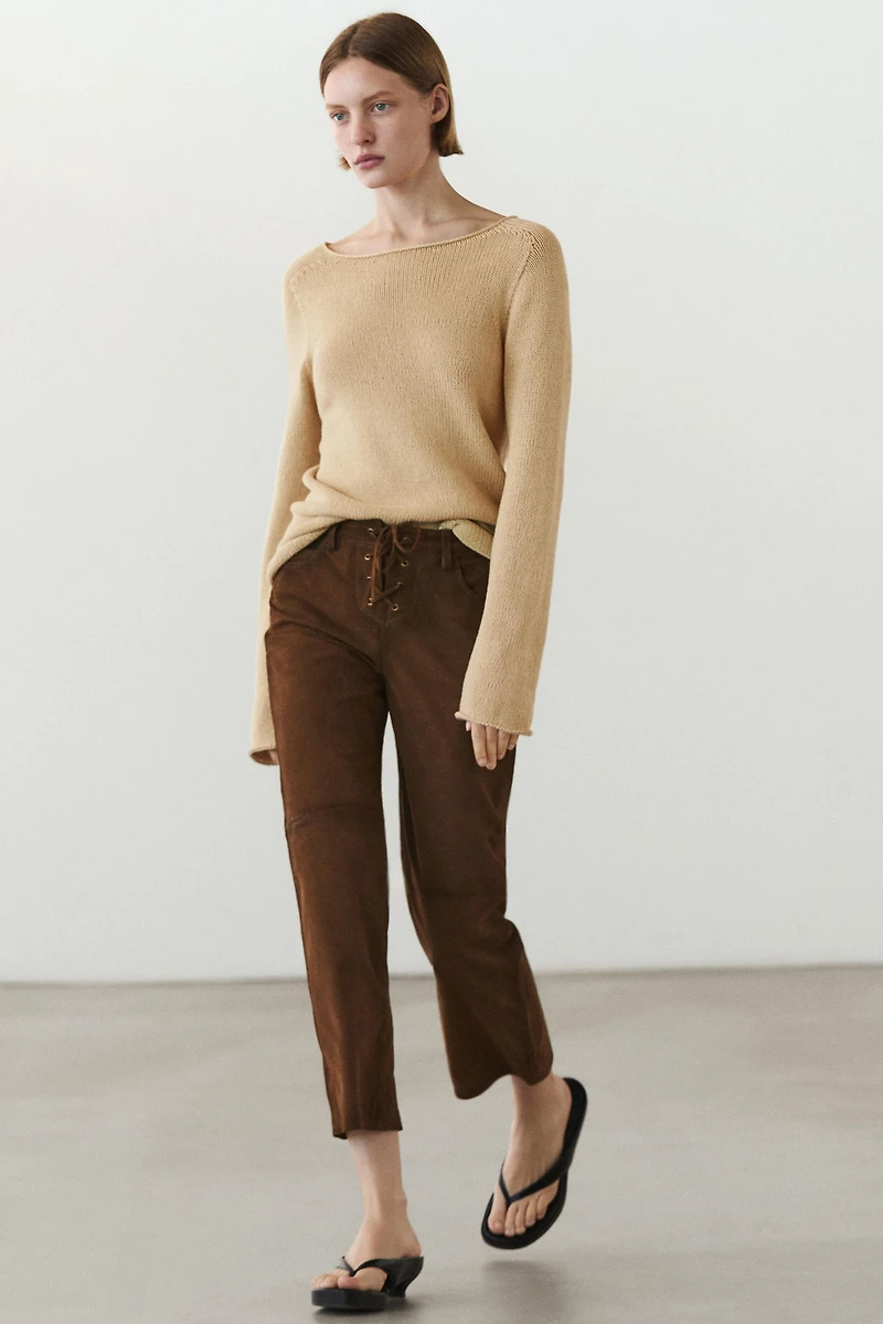 Pantalon cropped cuir daim avec cordons