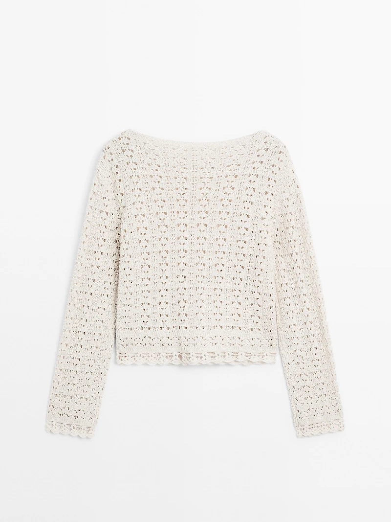 Cotton blend openwork crochet sweater