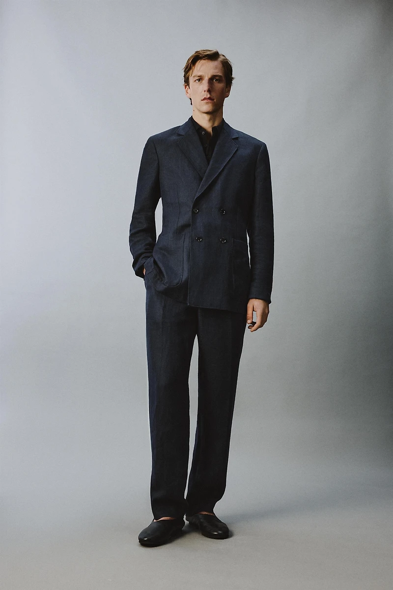 HERRINGBONE 100% LINEN DOUBLE-BREASTED BLAZER