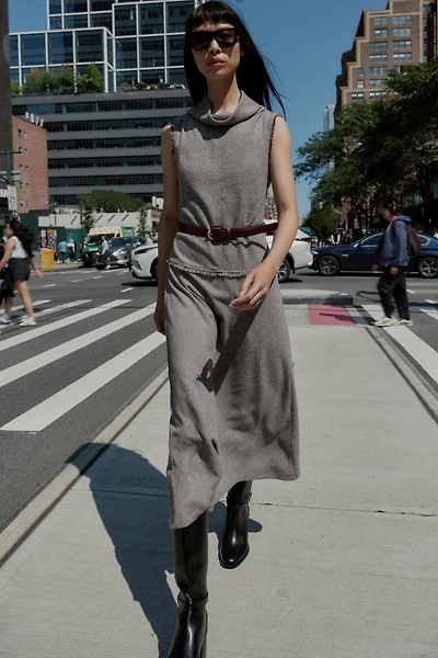 TEXTURED BELTED MIDI DRESS