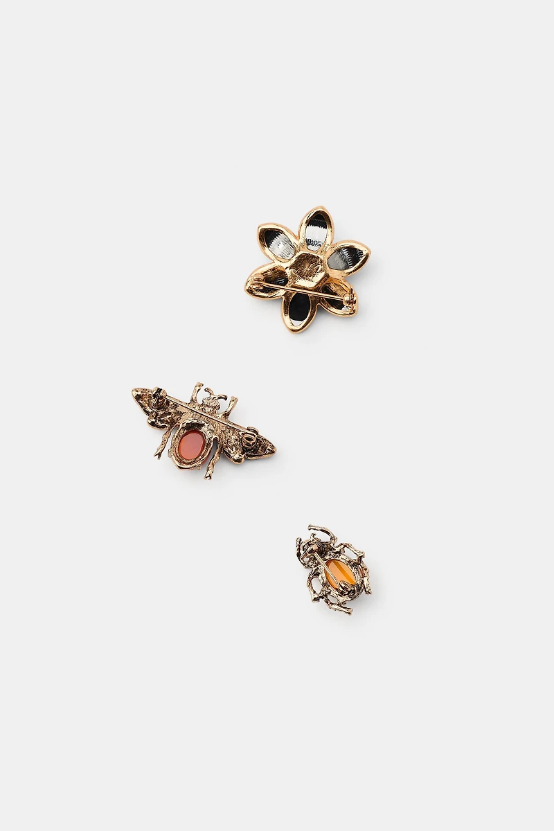 PACK OF 3 METAL FLOWER & INSECT BROOCHES