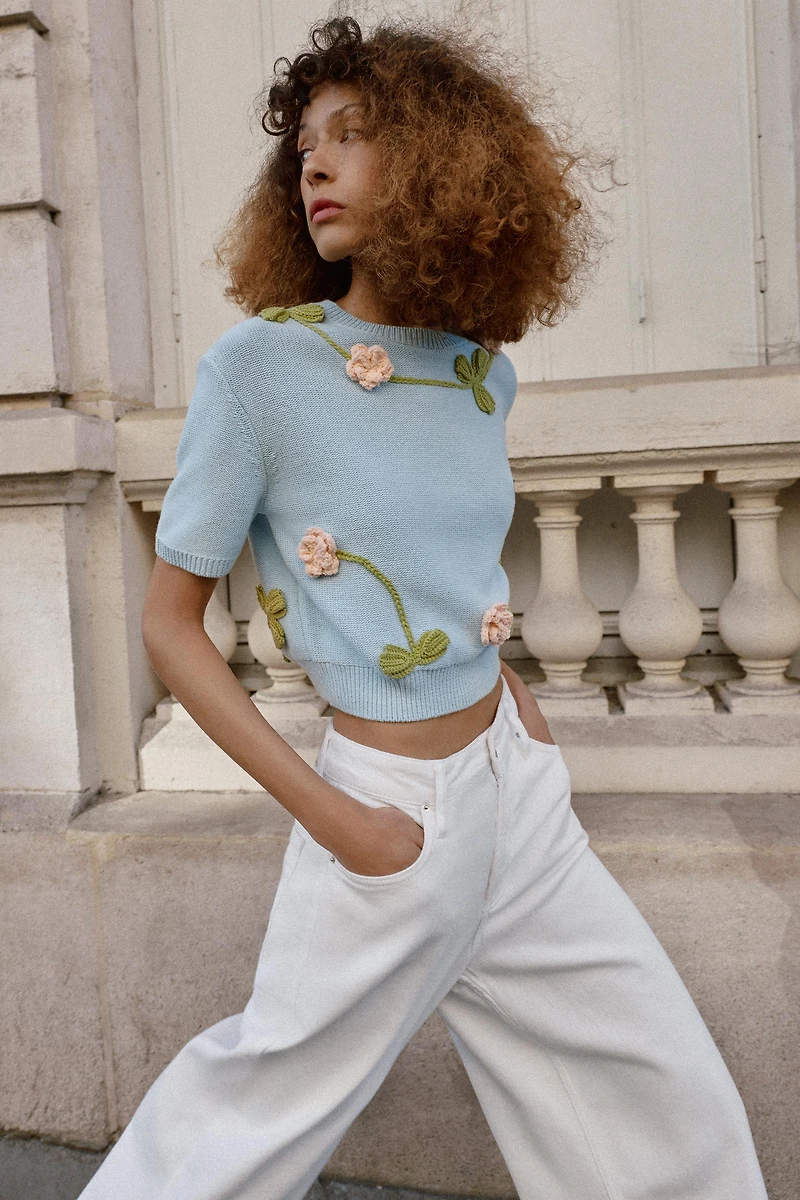 KNIT FLORAL SHORT SLEEVE JUMPER
