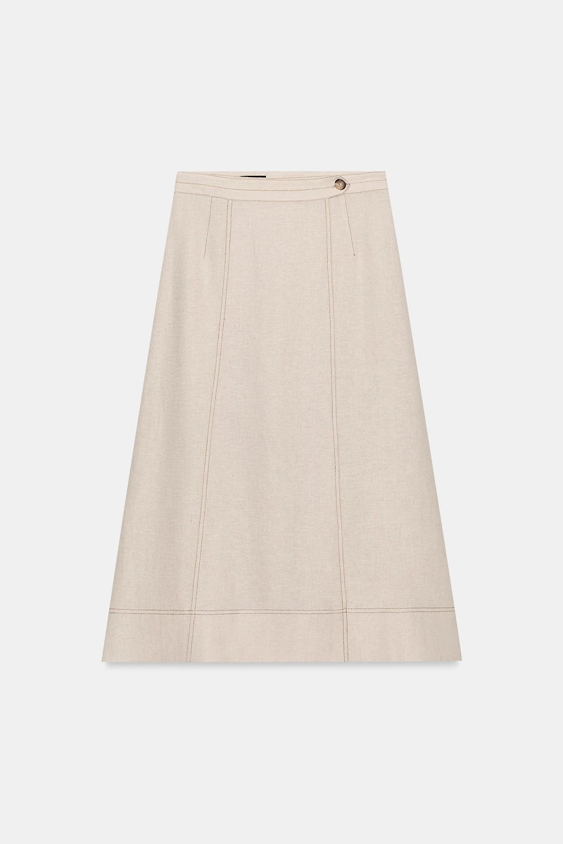 LINEN WRAP SKIRT WITH TOPSTITCHING