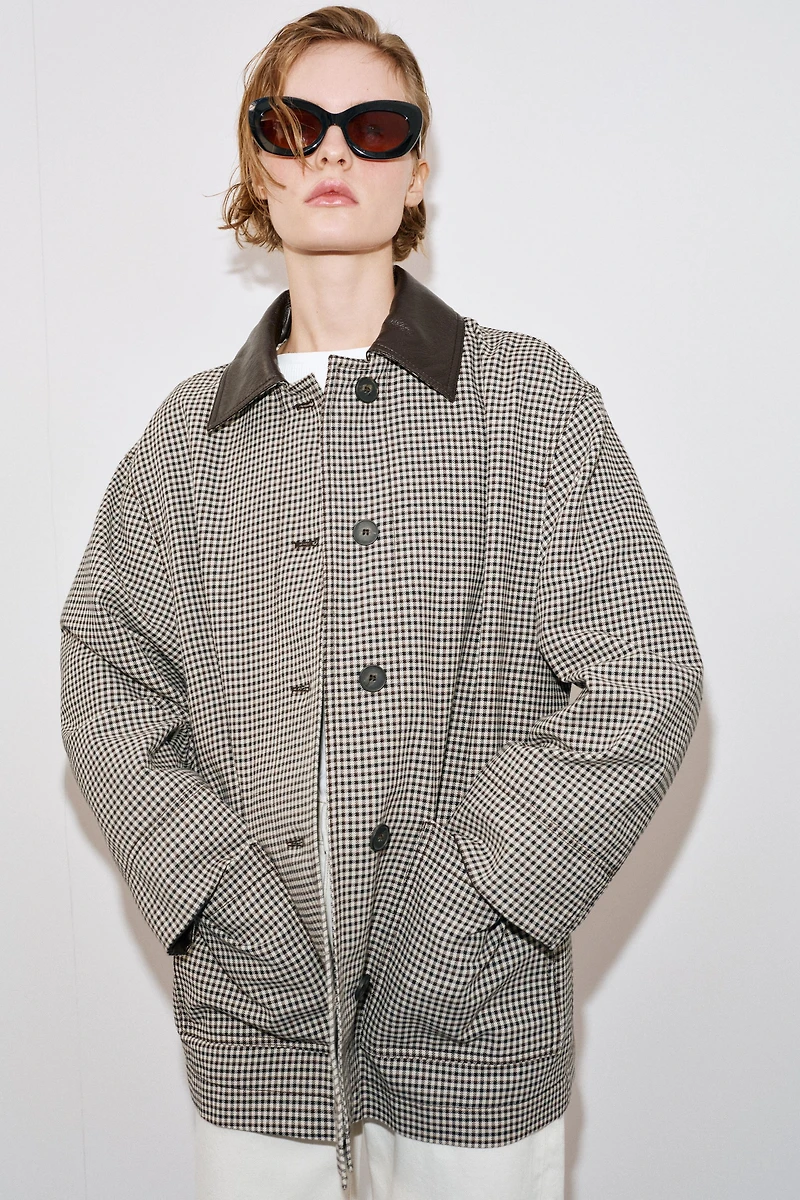HOUNDSTOOTH FAUX LEATHER TRIM JACKET