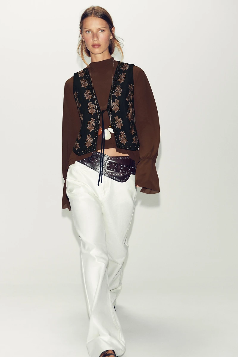 EMBROIDERED BEADED FAUX SUEDE VEST