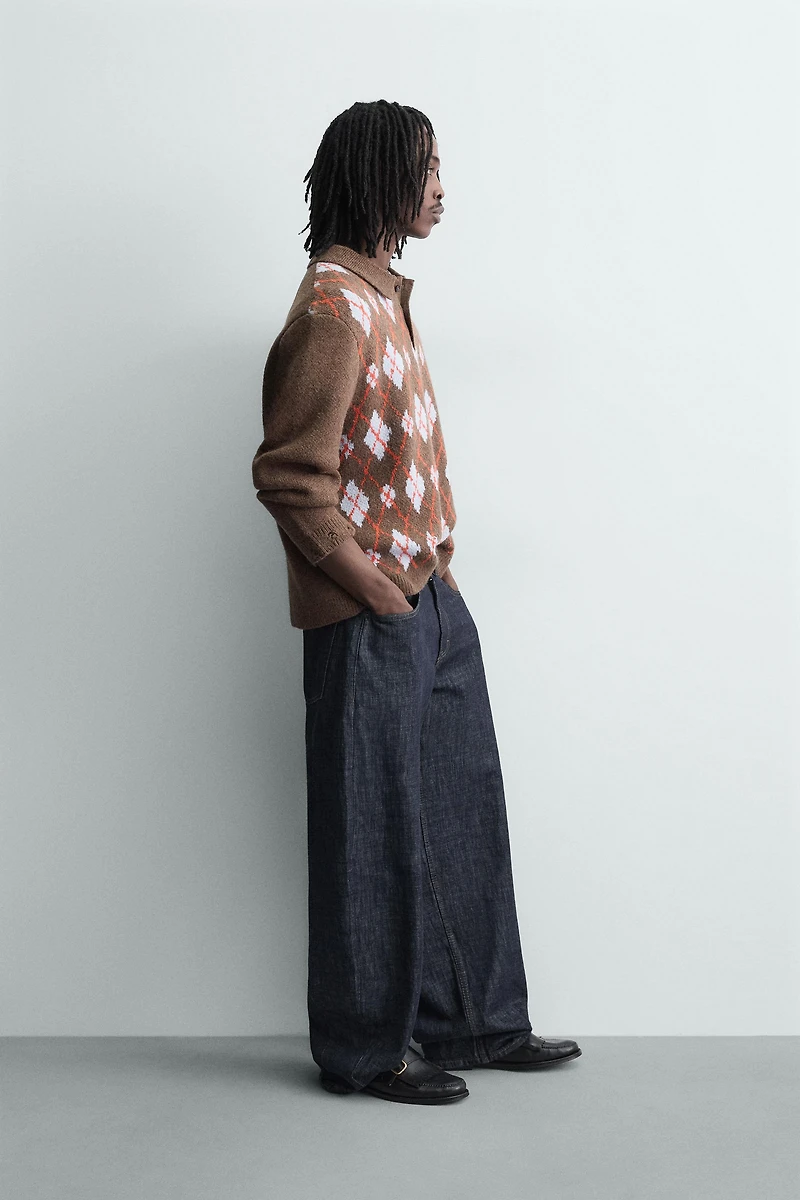 KNIT LOZENGE PATTERN POLO WITH DISTRESSED EFFECT