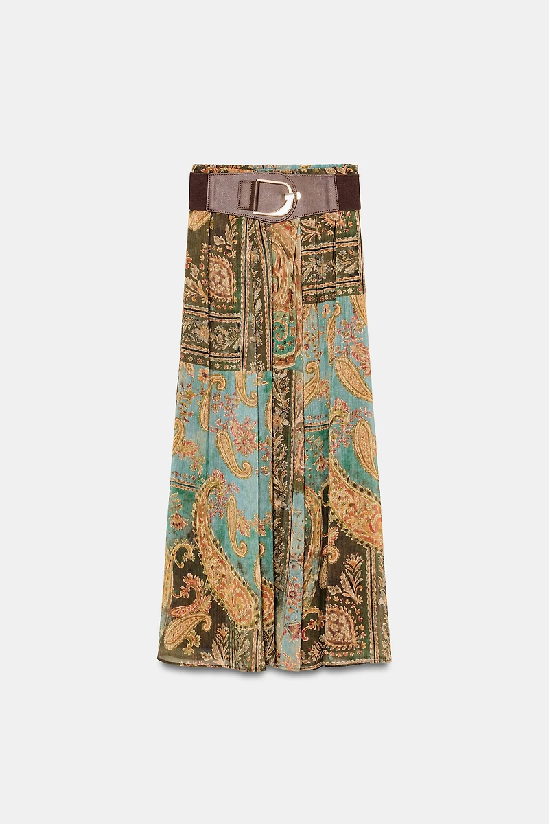 PRINTED MIDI SKIRT WITH BELT