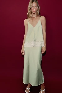 Lace-Trimmed Satin Midi Slip Dress