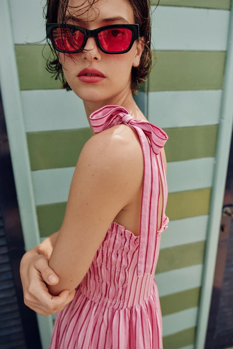 STRIPED TIED MIDI DRESS