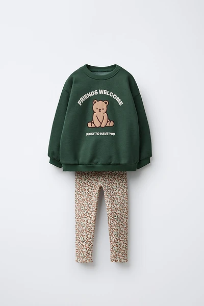 BEAR SWEATSHIRT AND RIBBED FLORAL LEGGING SET