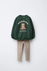 BEAR SWEATSHIRT AND RIBBED FLORAL LEGGING SET