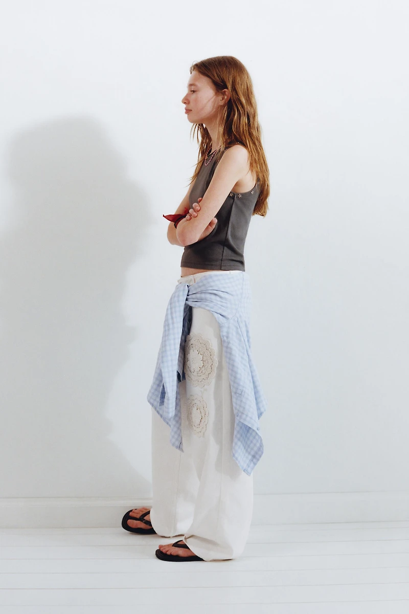 CROCHET FLORAL WIDE LEG JEANS