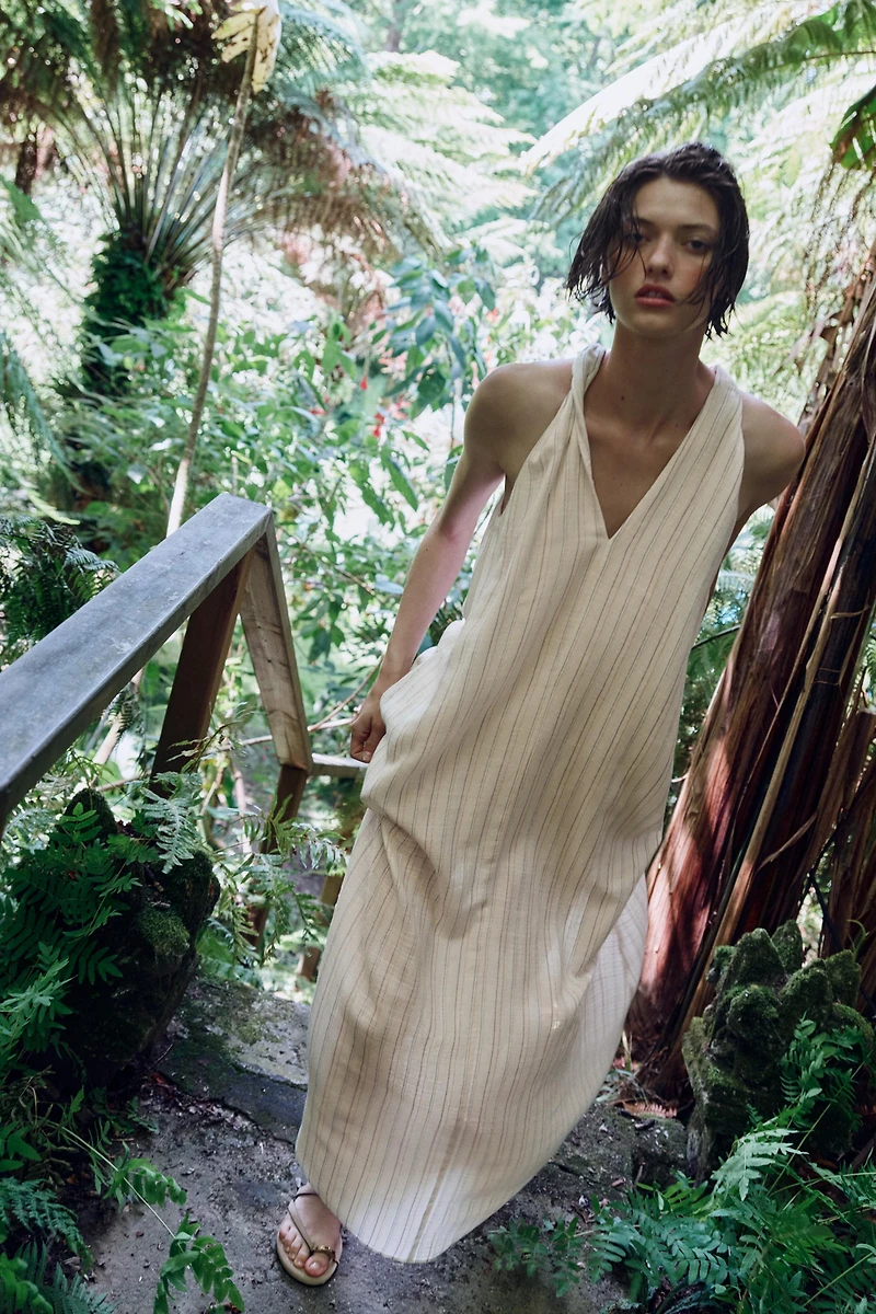 ROBE LONGUE À RAYURES ET FIL MÉTALLISÉ