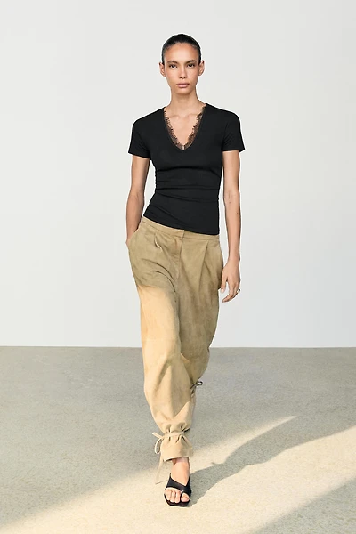 Lace-detail V-neck T-shirt