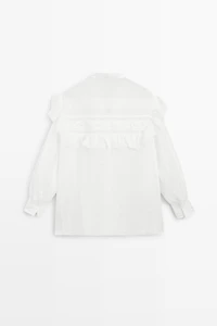 Stand collar blouse with embroidery and ruffles