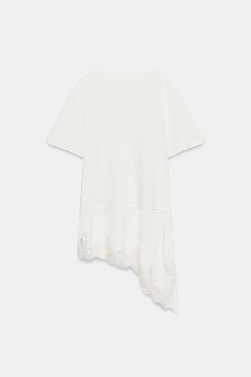 T-SHIRT EN MATIÈRES VARIÉES ET DENTELLE À COL TUNISIEN