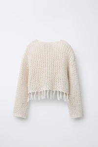 FRINGED MESH KNIT SWEATER