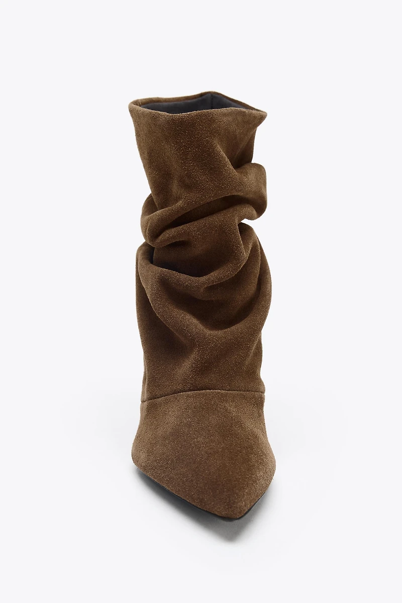 RUCHED SPLIT LEATHER ANKLE BOOTS