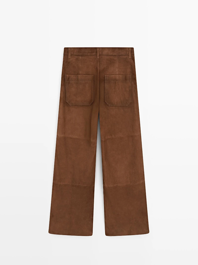Suede leather wide-leg trousers with pockets