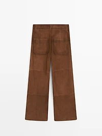 Suede leather wide-leg trousers with pockets