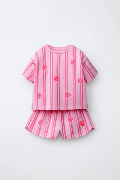 EMBROIDERED FRUIT STRIPED T-SHIRT AND BERMUDA SET