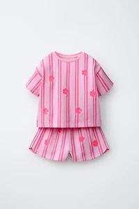 EMBROIDERED FRUIT STRIPED T-SHIRT AND BERMUDA SET