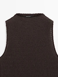 Chocolate linear waffle-knit funnel neck top