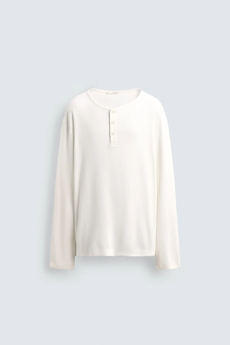 BUTTON-NECK GRID T-SHIRT