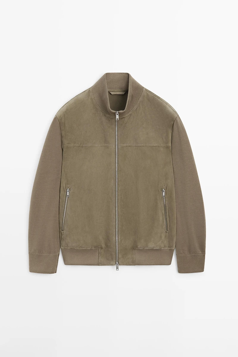 Contrast knit and suede leather jacket