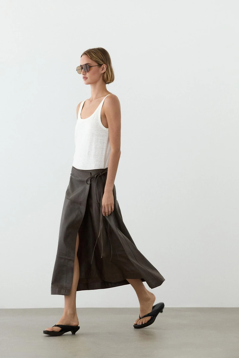 Nappa leather midi skirt with tie detail